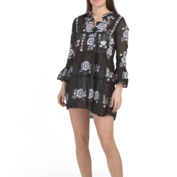 PQ Swim Embroidered Black White Sheer Cover Up Mini Dress XS/S - Picture 2 of 9